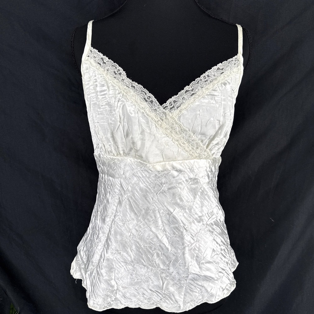 Vintage 90s Y2K Lace Trim Babydoll Cami L Fairy Coquette Dainty Crinkle Satin